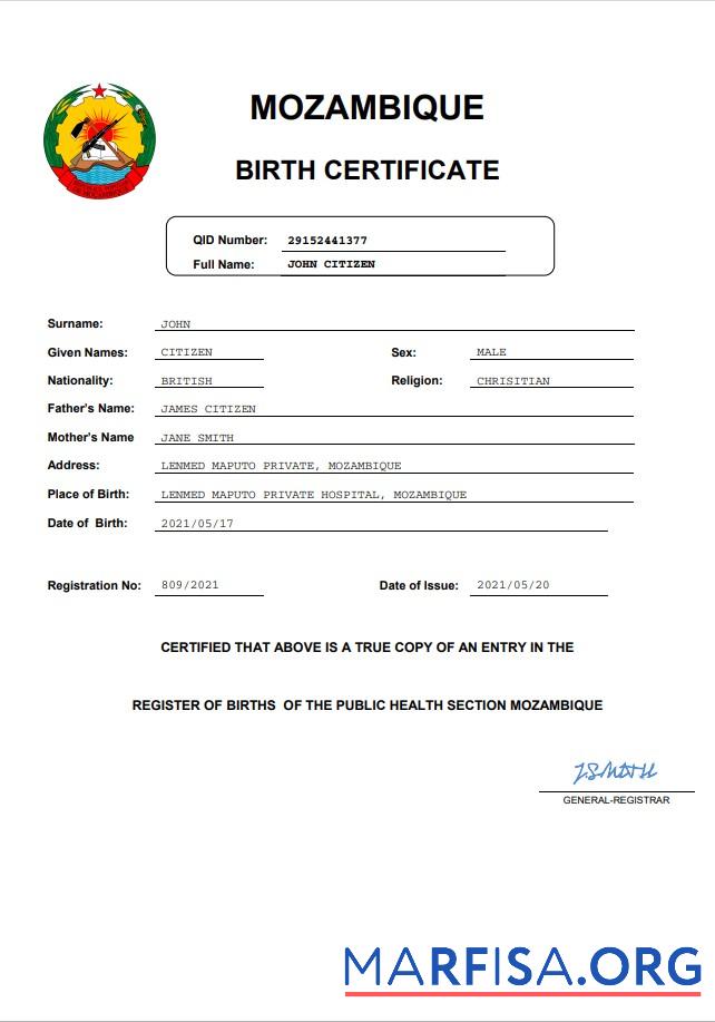 Downloadable Mozambique birth certificate Word and PDF template